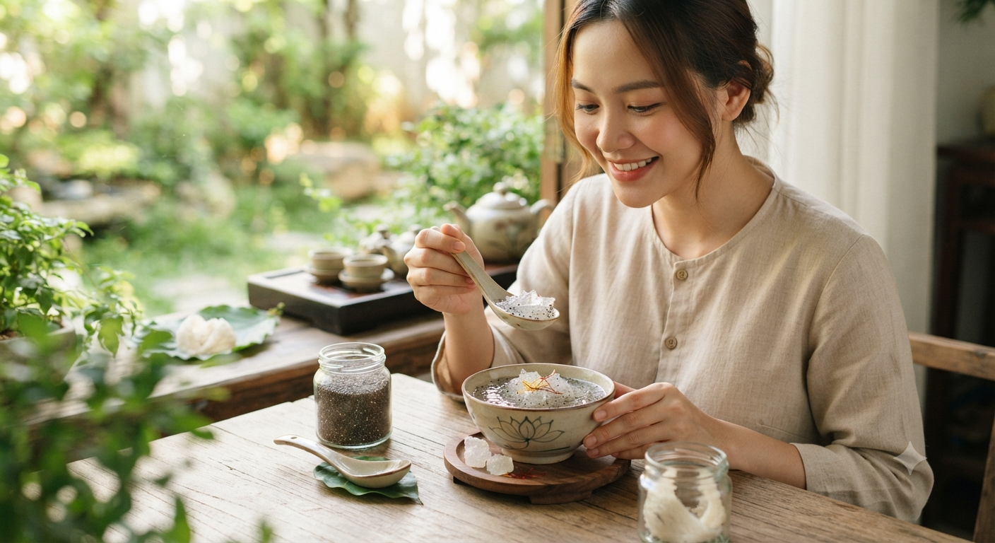 Yến chưng vị hạt chia mang lại cảm giác thanh mát và hỗ trợ tiêu hóa
